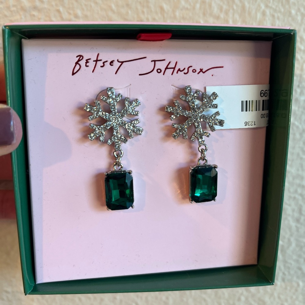 Betsey Johnson Silver and Green Snowflake Christmas Earrings